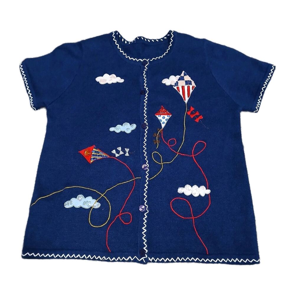 Vintage Patriotic Kite Cardigan Sweater Women’s XL Blue‎ Embroidered Applique